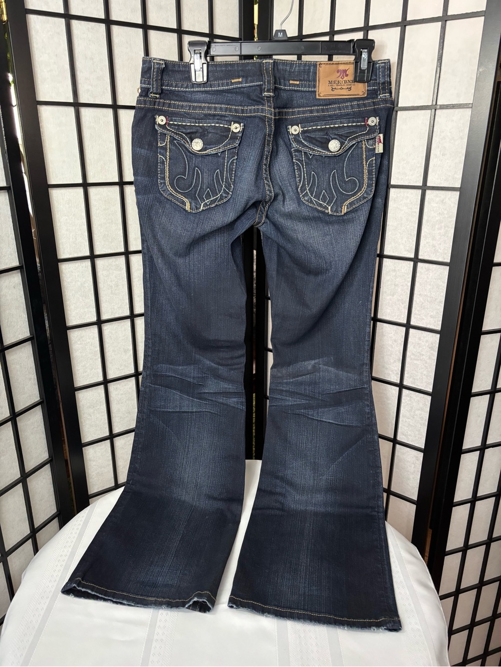 MEK Buckle Dark Blue Wide Leg Jeans with Embroidered Back Pockets - Size 30x32